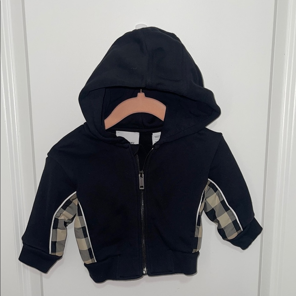 Burberry Kids Black Hoodie with Checkered Sleeves